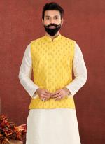 Cotton Silk Yellow Festival Wear Embroidery Work Readymade Men's Waist Coat